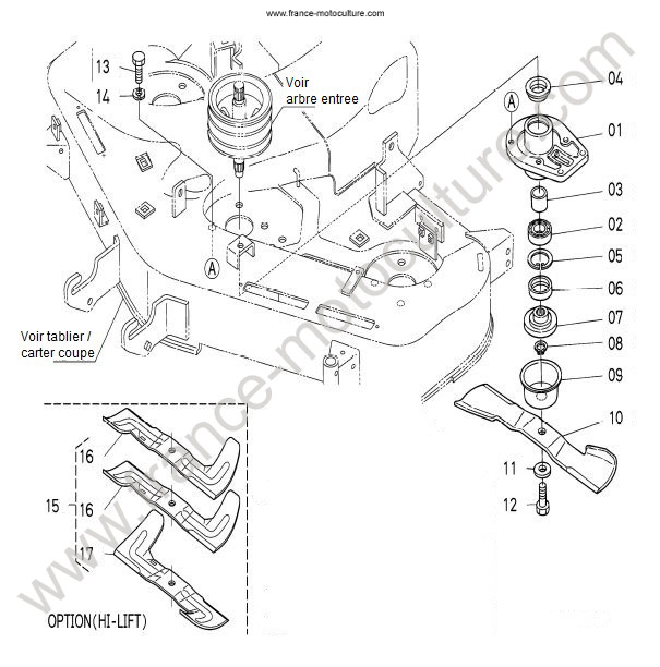 Vue éclatée (Support poulie lame centre) pour KUBOTA - G18 Support poulie lame centre KUBOTA G18