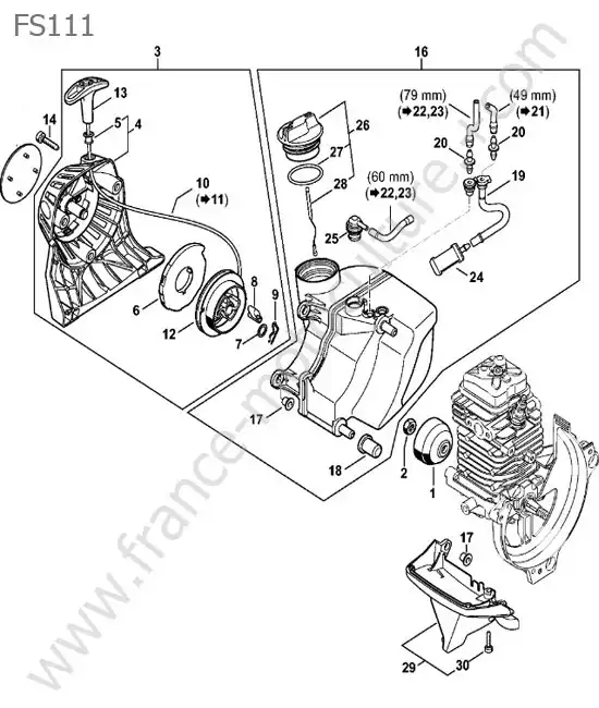 Schema assemblage (Lanceur / reservoir) de STIHL FS111 Vue éclatée (Lanceur / reservoir) pour STIHL - FS111