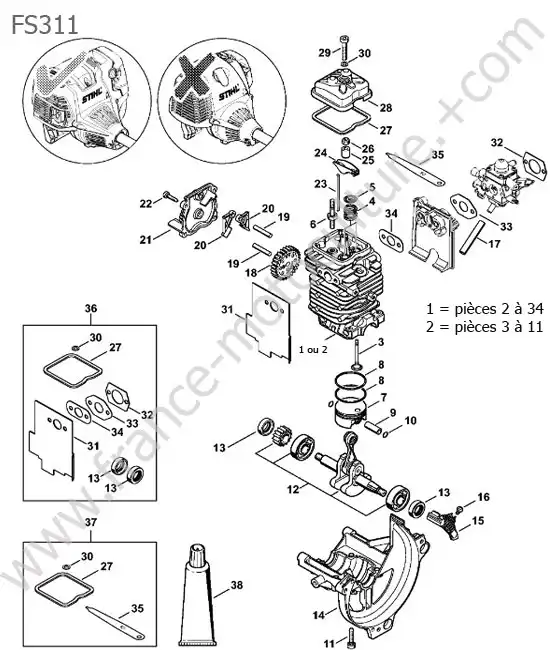 Vue éclatée (Cylindre / piston / vilebrequin) pour STIHL - FS311