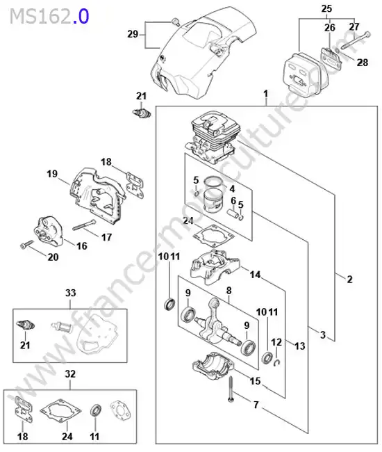 Cylindre / piston / echappement STIHL MS162-3
