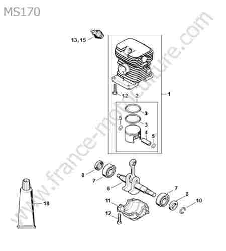 STIHL - MS170 : Cylindre / piston / vilebrequin