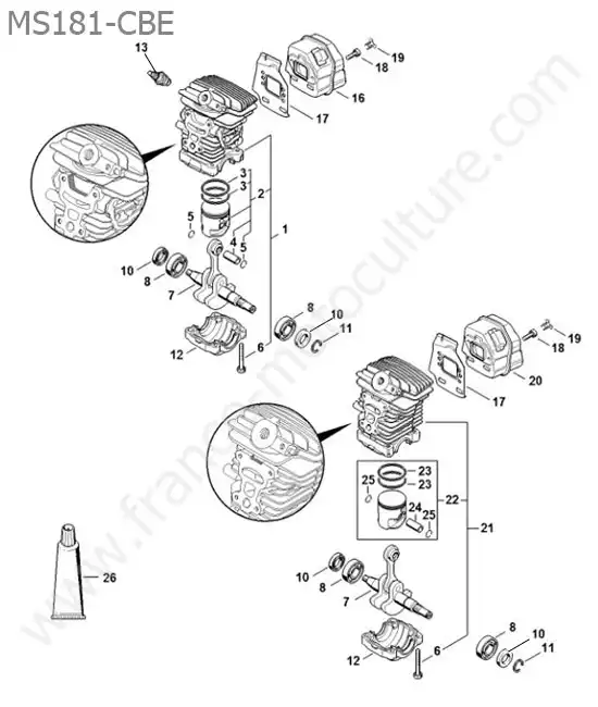 Cylindre / piston / echappement STIHL MS181-CBE