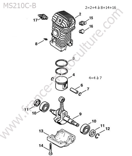 Cylindre / piston / segments STIHL MS210-CB
